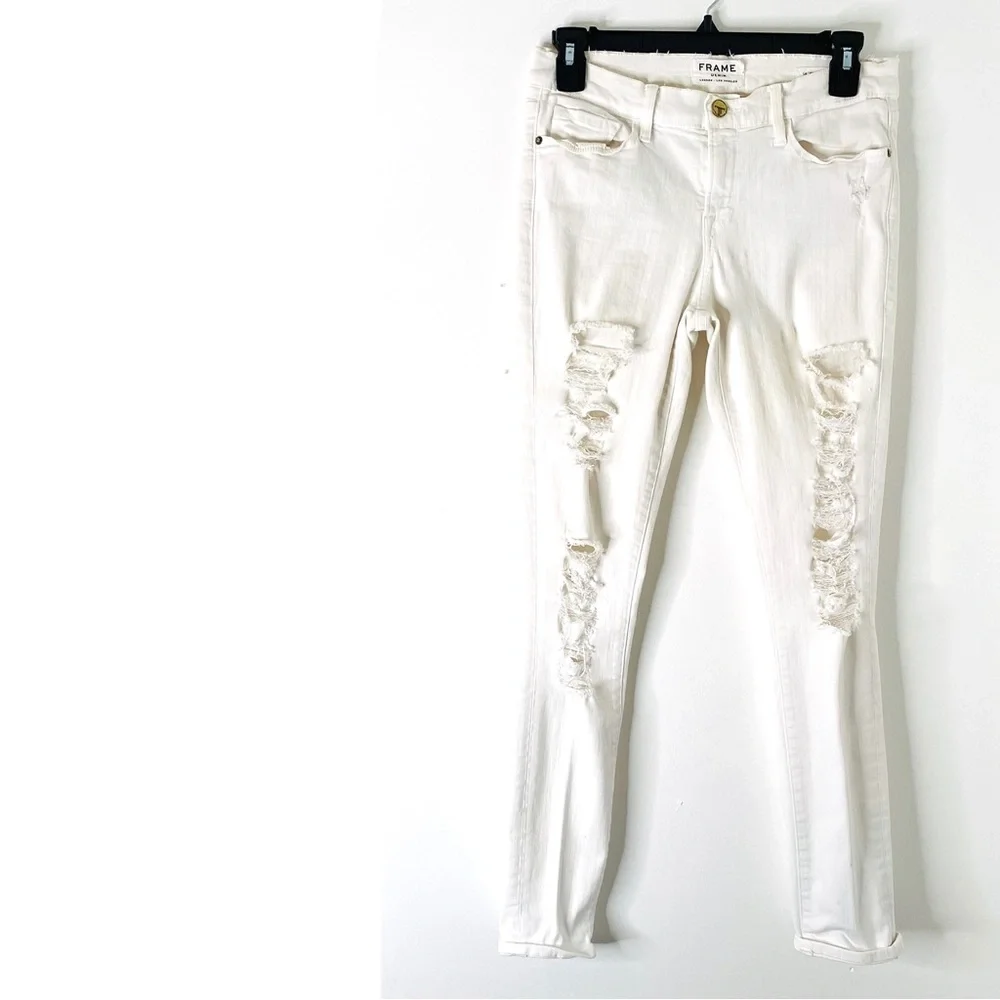 FRAME Le Skinny de Jeanne White Distressed Skinny Jeans Stretch Denim - Picture 5 of 14
